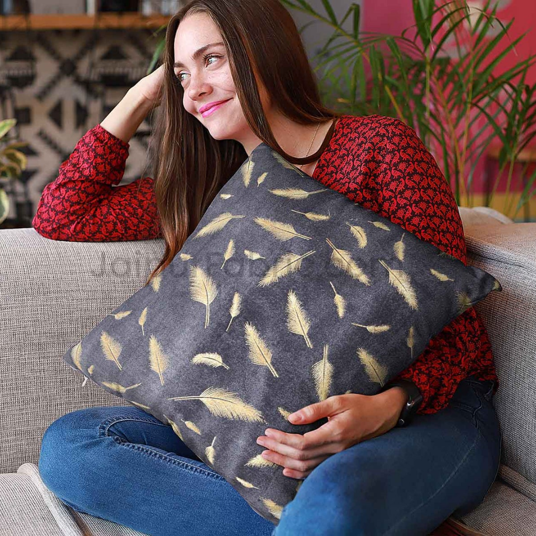 Violet Gold Feather Leaf Print Cushion Cover
