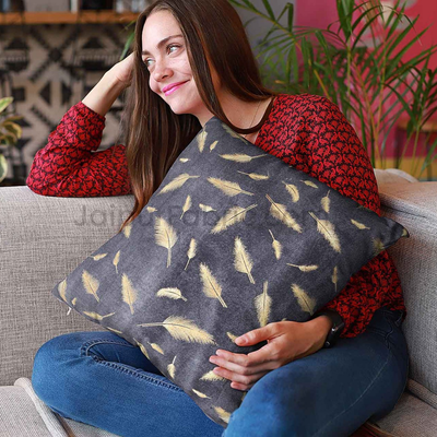 Violet Gold Feather Leaf Print Cushion Cover