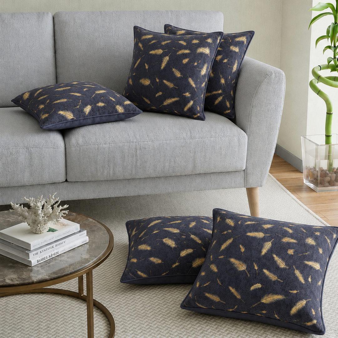 Violet Gold Feather Leaf Print Cushion Cover