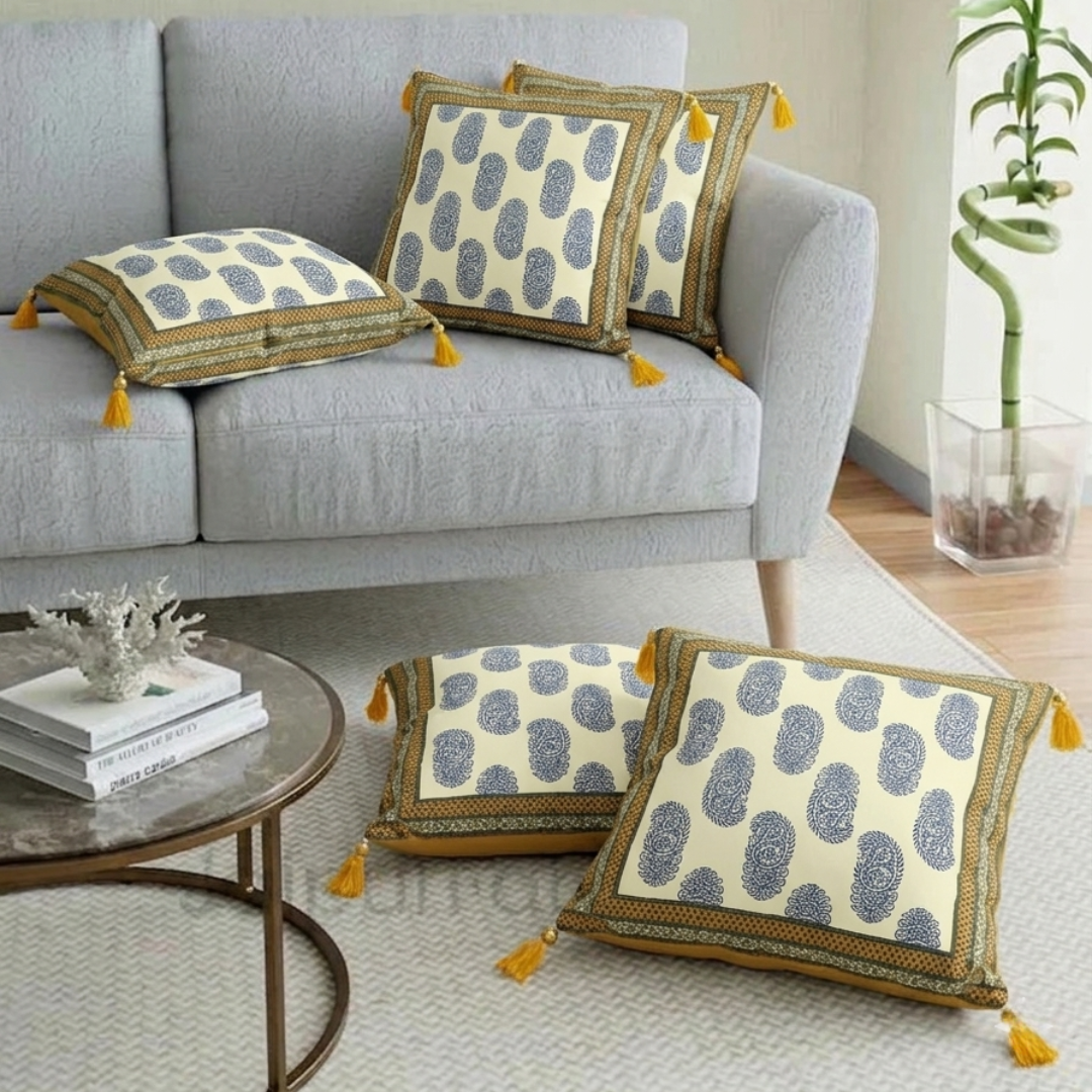 Olive Color Border Keri Block Print Cotton Cushion Cover