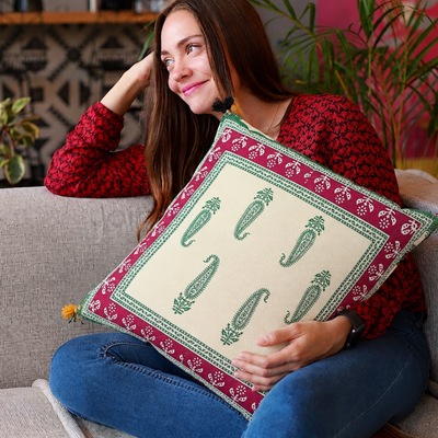 Off White Color Base Maroon Border Keri Design Cotton Cushion Cover