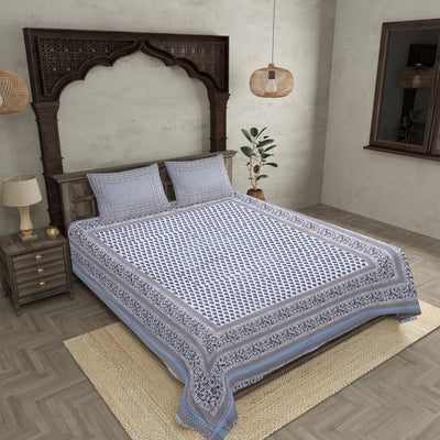 Multi Blue Floral Double Bedsheet with Two Pillow Cover
