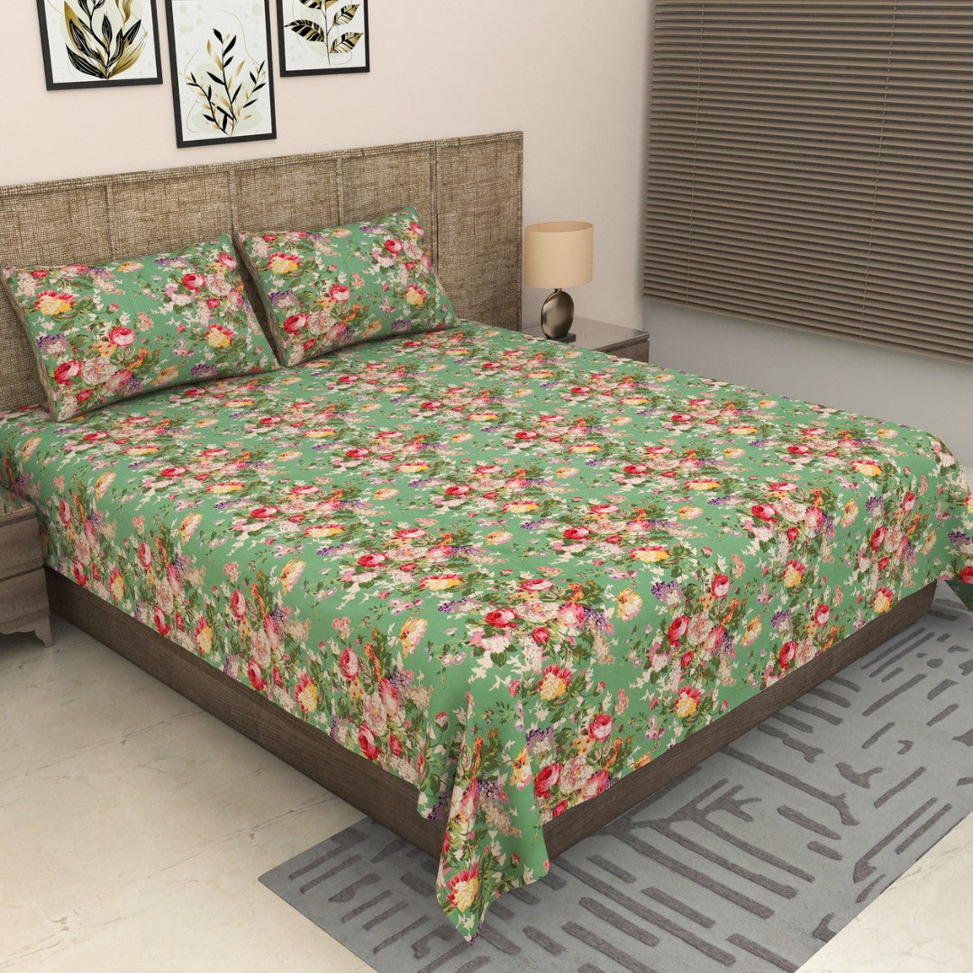 Emerald Green Spring Bloom Cluster Pure Cotton King Size Bedsheet