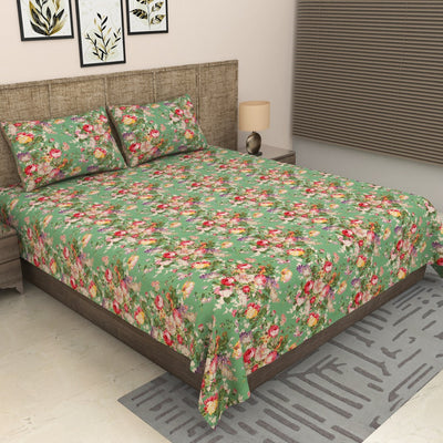 Emerald Green Spring Bloom Cluster Pure Cotton King Size Bedsheet