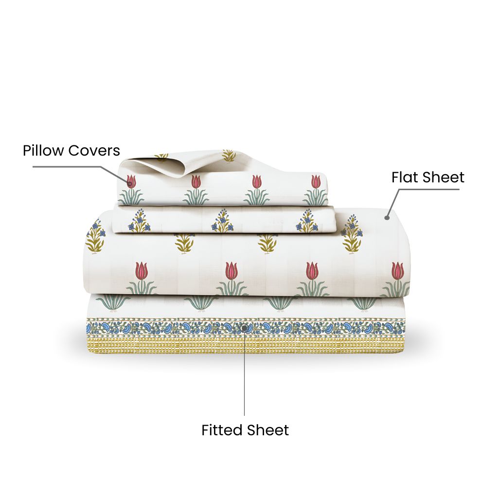 Luxe Spring Garden Bedsheet Set  Red & Yellow Tulips | 400 TC Pure Cotton, King Size (Set of 4)