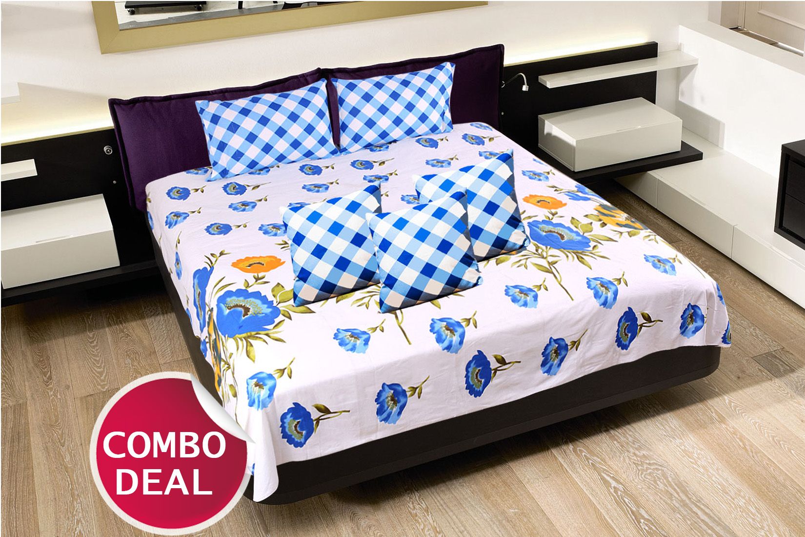 COMBO21 - Set Of Double Bed Sheet and 3 Cushion Covers