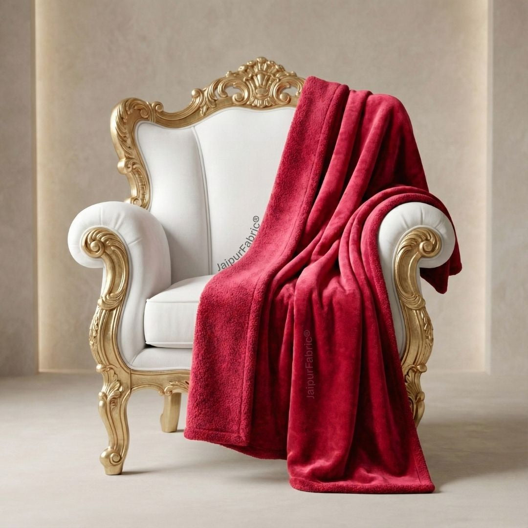 Velvet Plush Ruby Red Double Bed Blanket layered with Ultra-Soft Sherpa Fabric