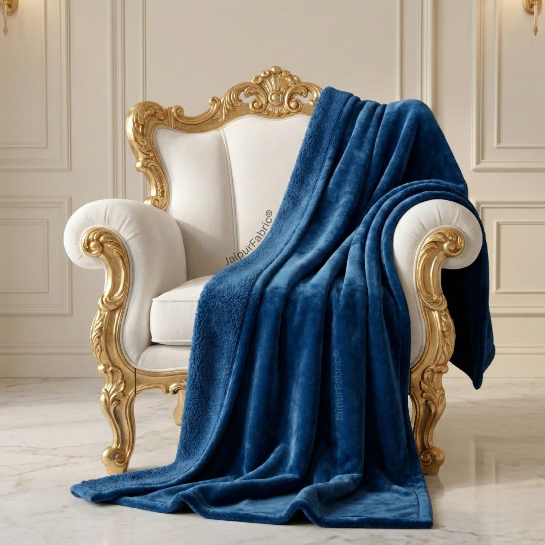 Velvet Plush Midnight Navy Double Bed Blanket layered with Ultra-Soft Sherpa Fabric