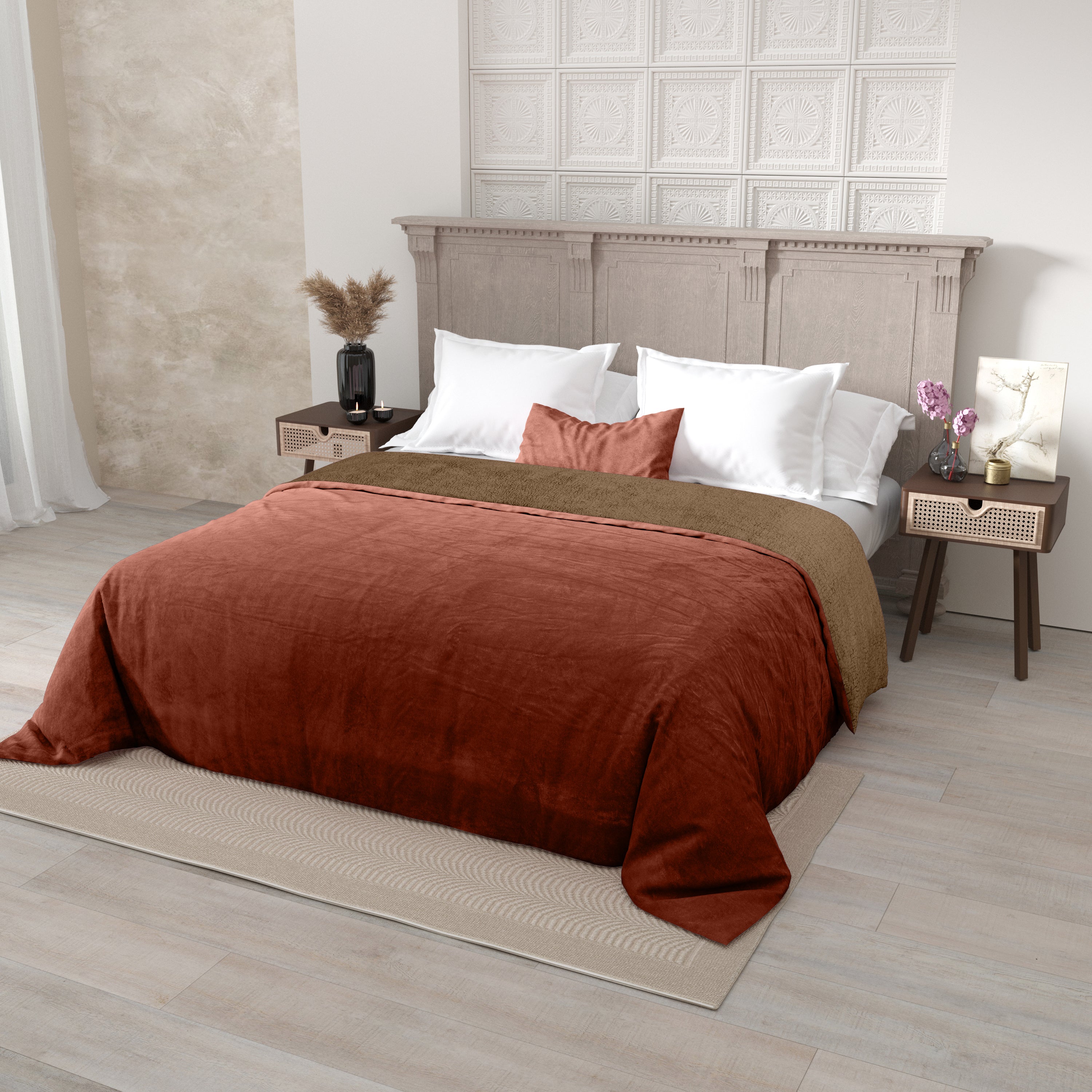 Velvet Plush Rustic Amber Double Bed Blanket layered with Ultra-Soft Sherpa Fabric
