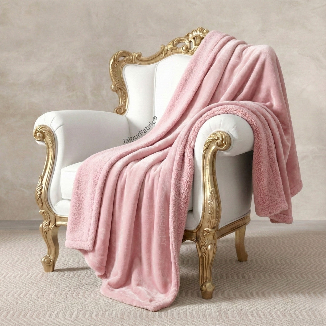 Velvet Plush Baby Pink Double Bed Blanket layered with Ultra-Soft Sherpa Fabric