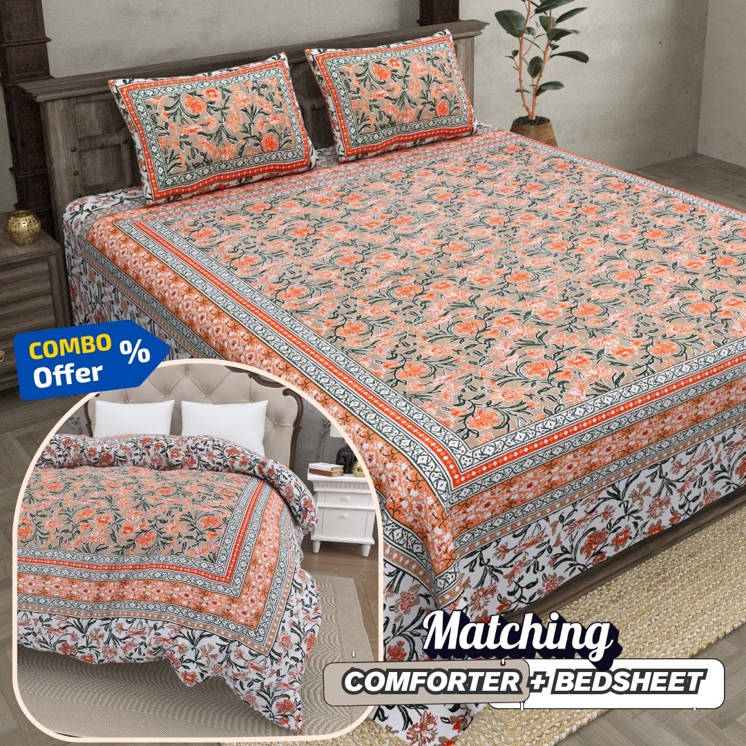 Bloom Coral Combo of Pure Cotton Double Bedsheet and Double Bed Comforter