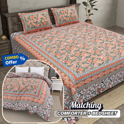 Bloom Coral Combo of Pure Cotton Double Bedsheet and Double Bed Comforter