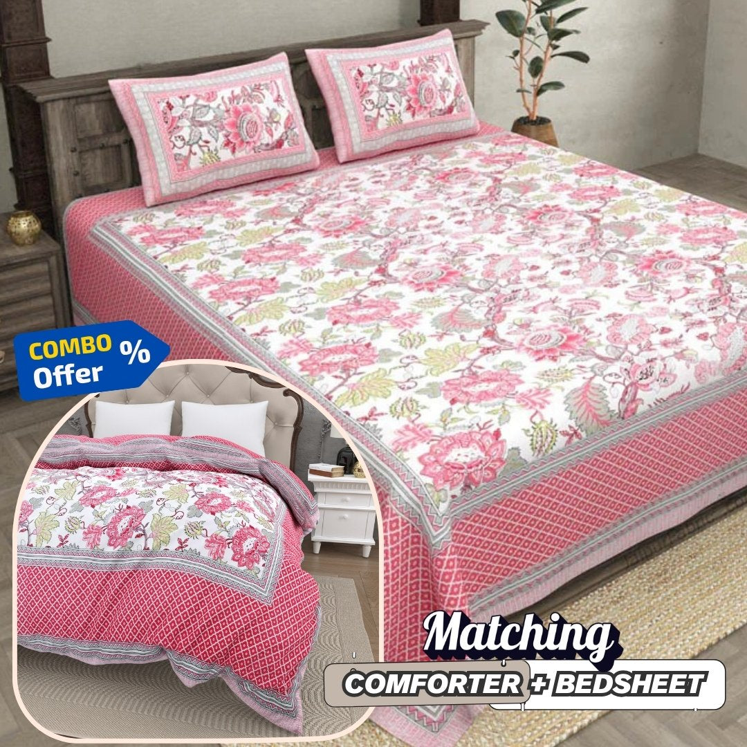 Bloom Pink Combo of Pure Cotton Double Bedsheet and Double Bed Comforter