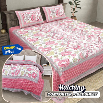 Bloom Pink Combo of Pure Cotton Double Bedsheet and Double Bed Comforter