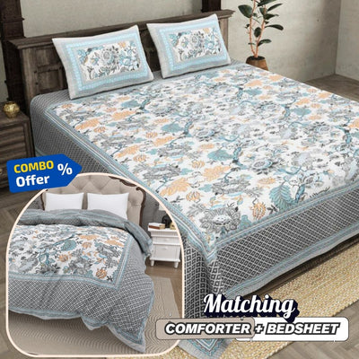 Botanica Teal Grey Combo of Pure Cotton Double Bedsheet and Double Bed Comforter