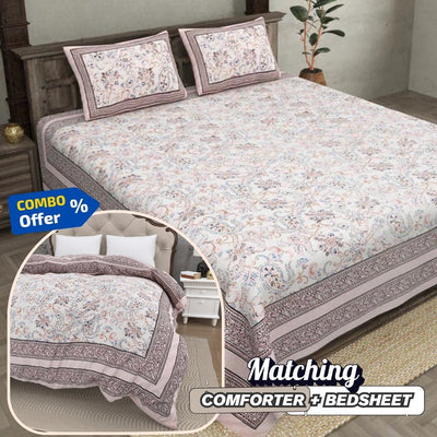 Paisley Trails Mauve Combo of Pure Cotton Double Bedsheet and Double Bed Comforter