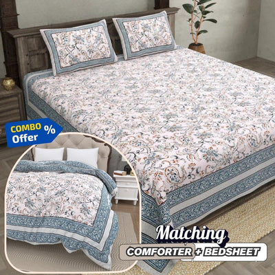 Paisley Trails Aqua Combo of Pure Cotton Double Bedsheet and Double Bed Comforter