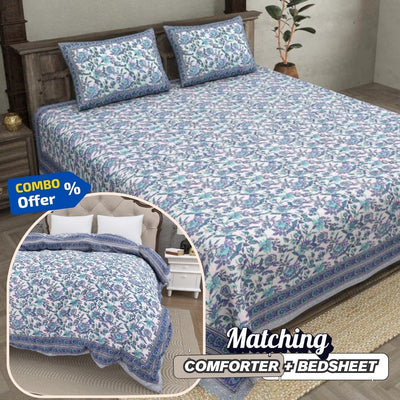 Indigo Garden Violet Combo of Pure Cotton Double Bedsheet and Double Bed Comforter