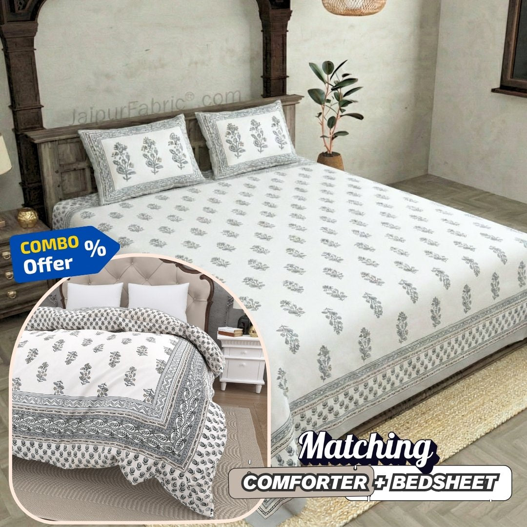 Lotus Vine Indigo White Combo of Pure Cotton Double Bedsheet and Double Bed Comforter