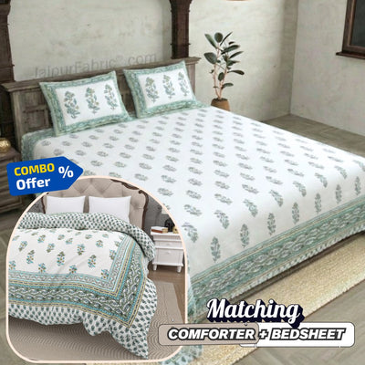 Lotus Vine Aqua Mint Combo of Pure Cotton Double Bedsheet and Double Bed Comforter