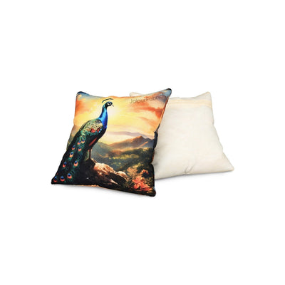 Splendor Glory Peacock Print Jute Cushion Cover
