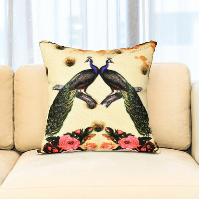 Prosperous Peacocks Jute Digital Print Cushion Cover
