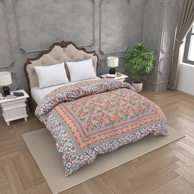 Bloom Coral Combo of Pure Cotton Double Bedsheet and Double Bed Comforter