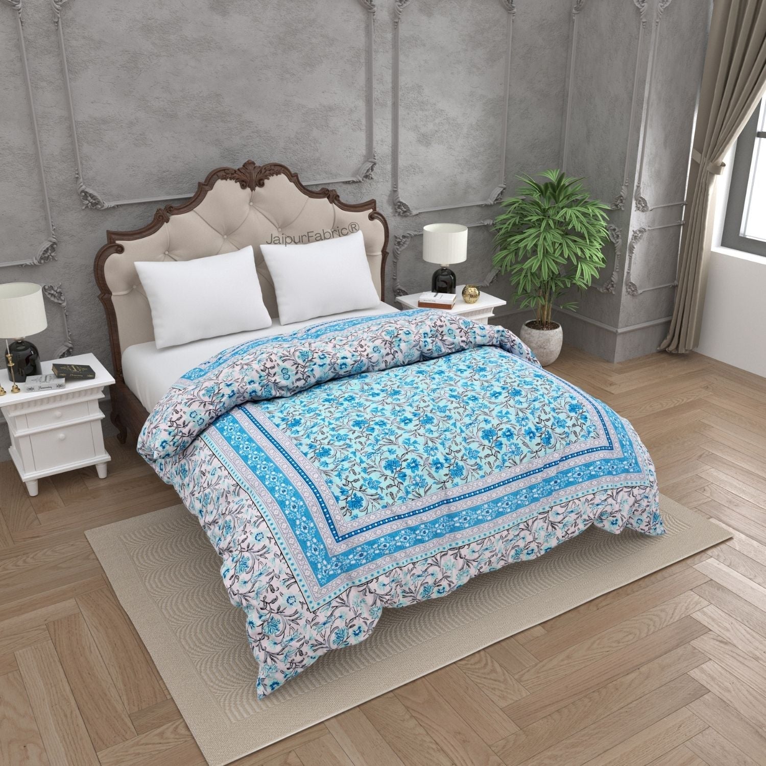 Botanica Sky Blue Combo of Pure Cotton Double Bedsheet and Double Bed Comforter