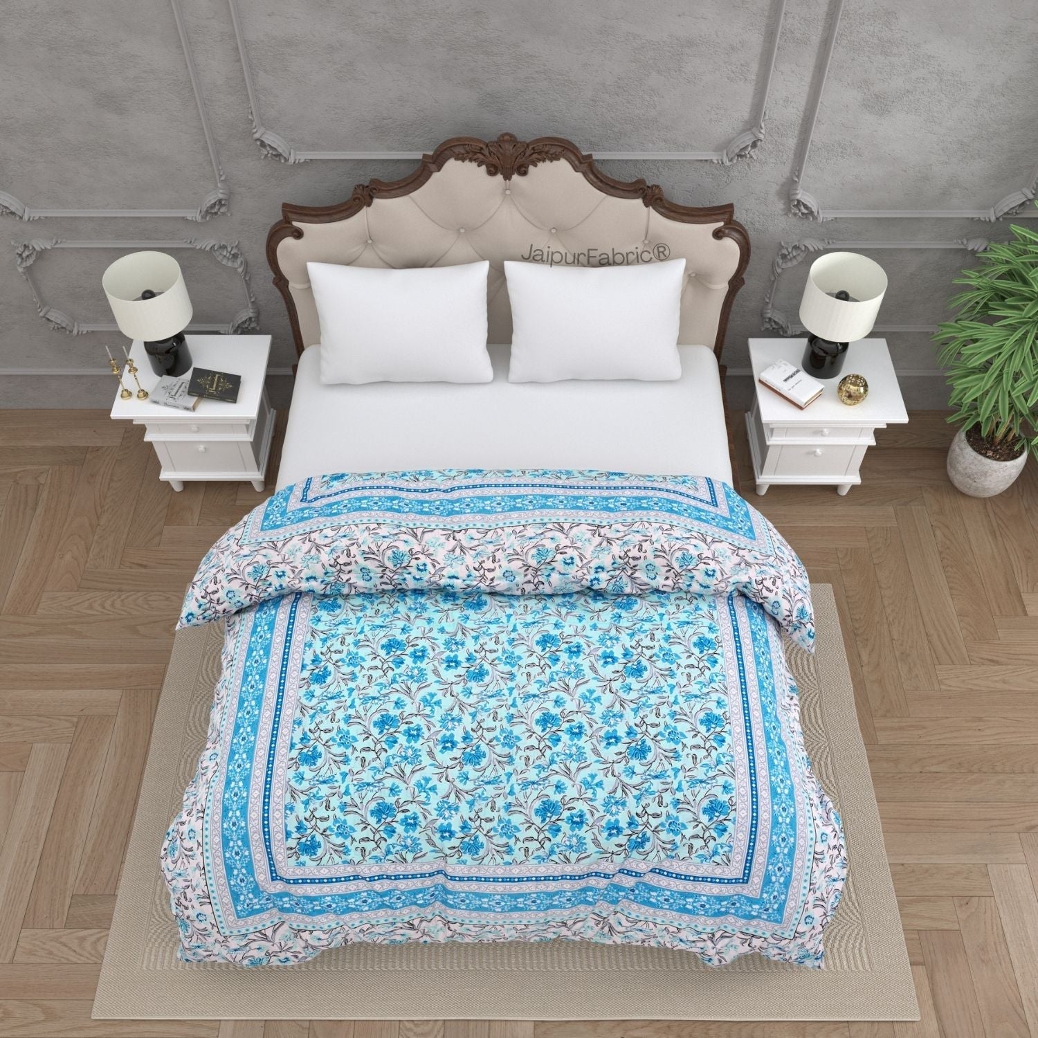 Botanica Sky Blue Combo of Pure Cotton Double Bedsheet and Double Bed Comforter