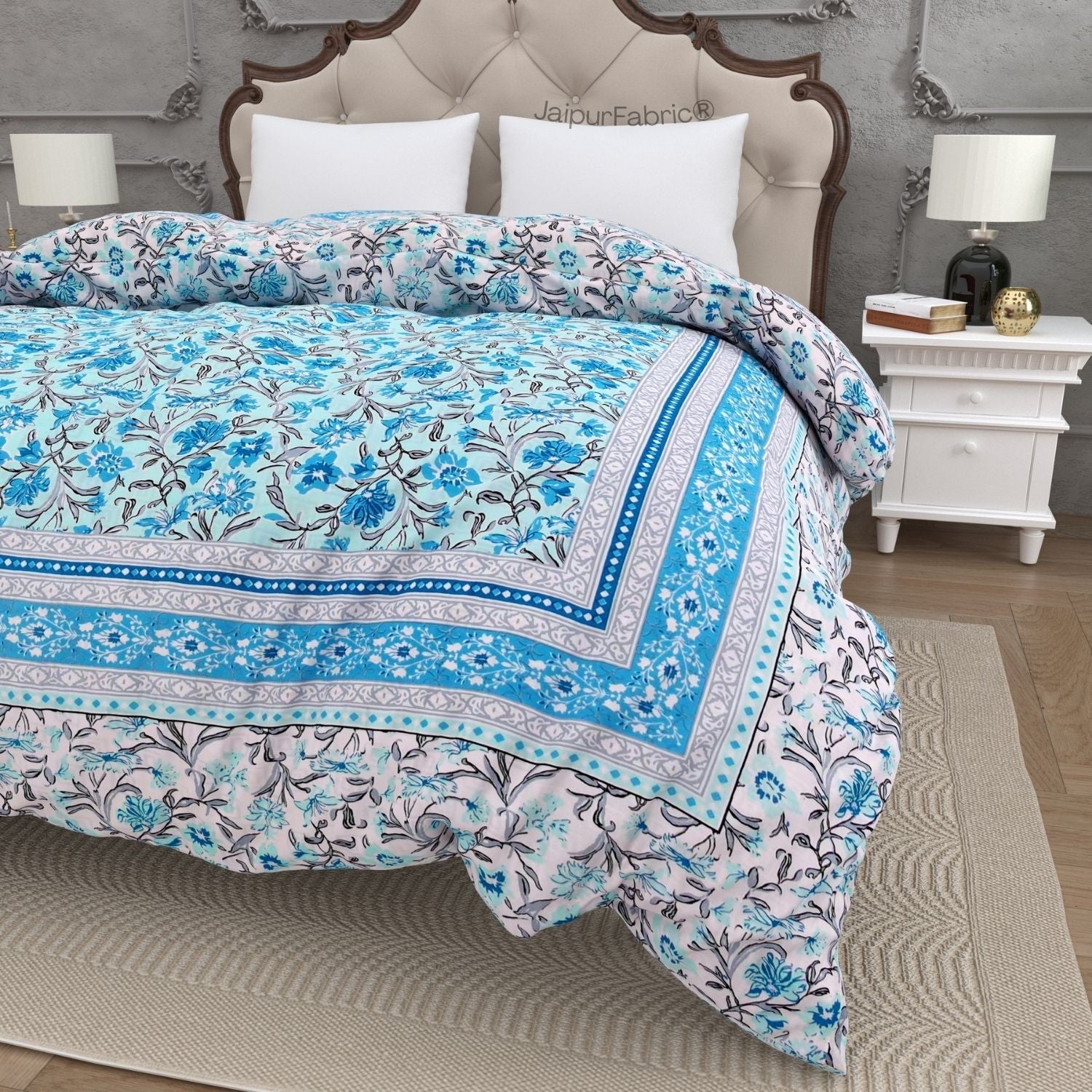 Botanica Sky Blue Combo of Pure Cotton Double Bedsheet and Double Bed Comforter