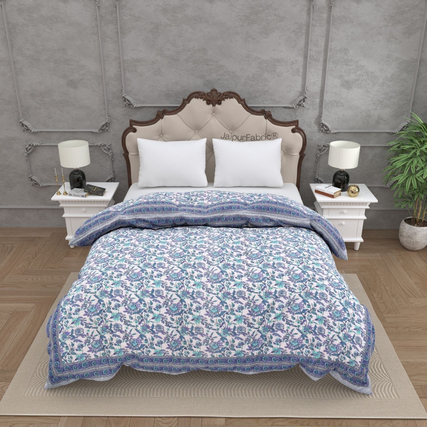 Cool Tone Purple & Teal Floral Print Double Bed Reversible Comforter