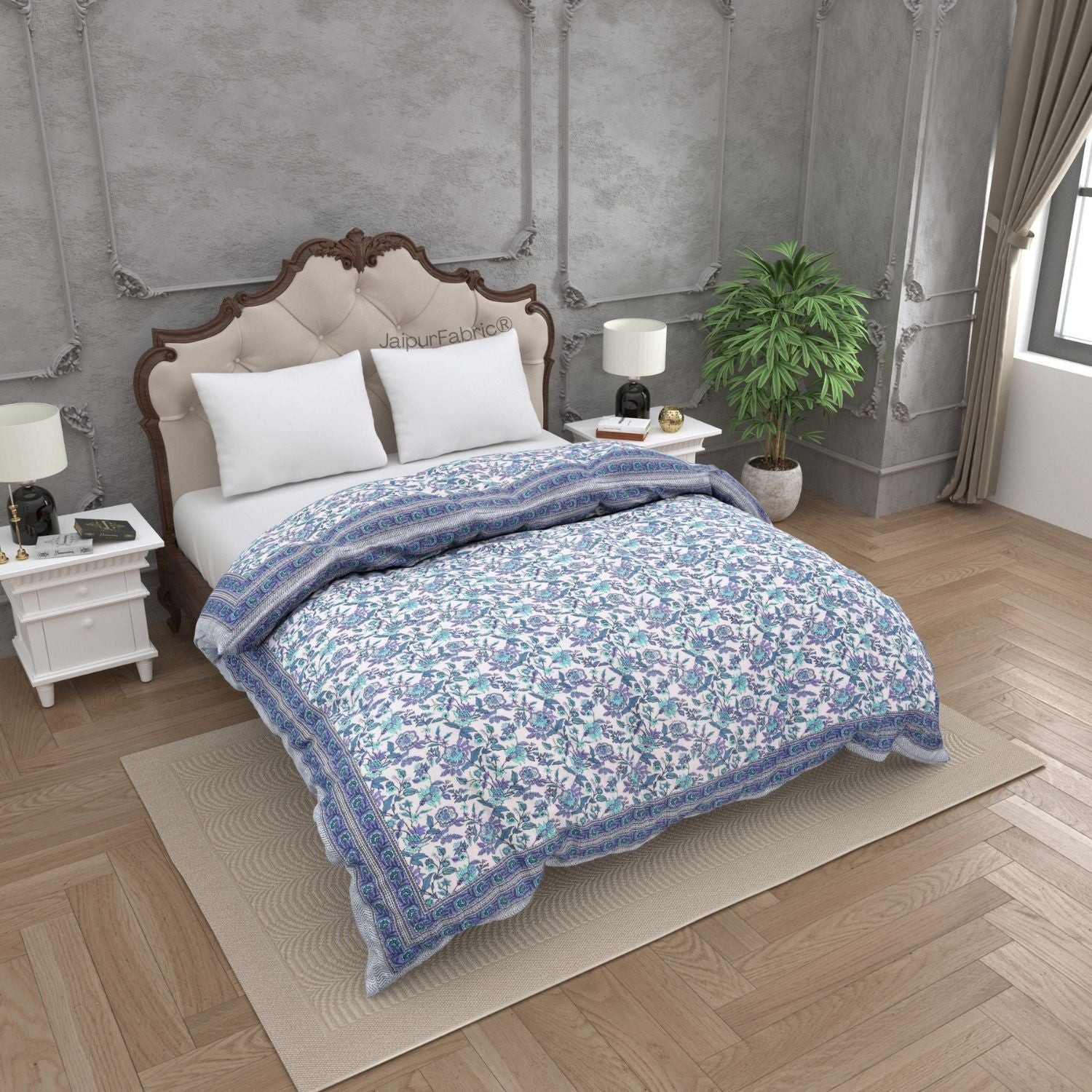 Indigo Garden Violet Combo of Pure Cotton Double Bedsheet and Double Bed Comforter