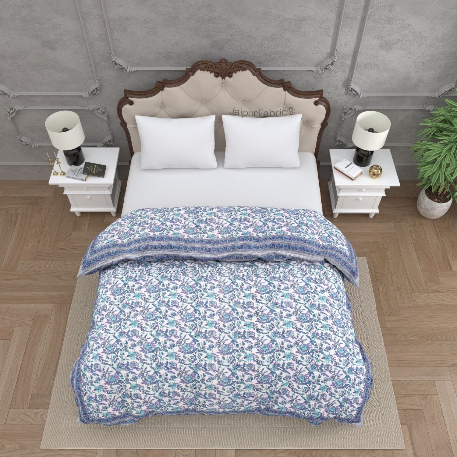 Cool Tone Purple & Teal Floral Print Double Bed Reversible Comforter