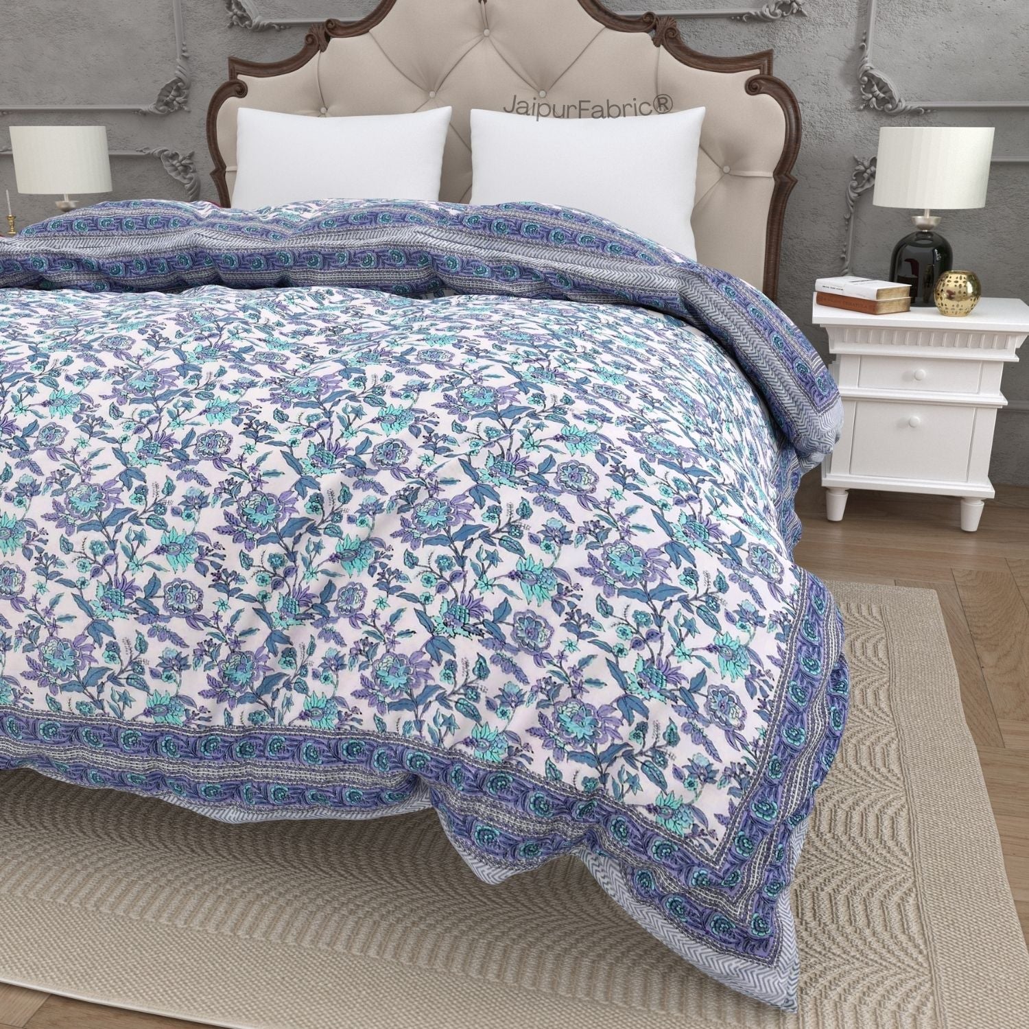 Cool Tone Purple & Teal Floral Print Double Bed Comforter