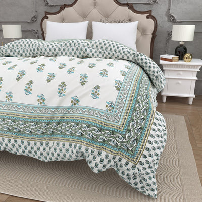 Lotus Vine Aqua Mint Combo of Pure Cotton Double Bedsheet and Double Bed Comforter