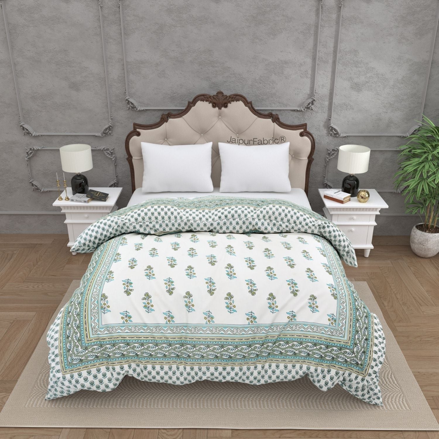 Lotus Vine Aqua Mint Combo of Pure Cotton Double Bedsheet and Double Bed Comforter