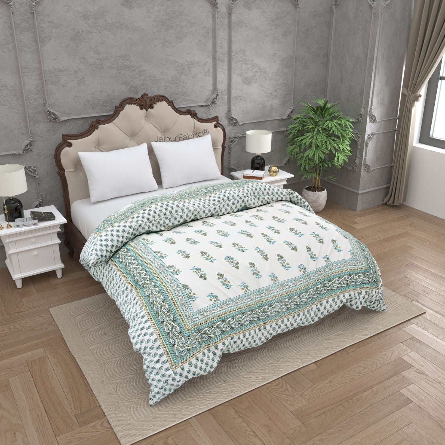Lotus Vine Aqua Mint Combo of Pure Cotton Double Bedsheet and Double Bed Comforter
