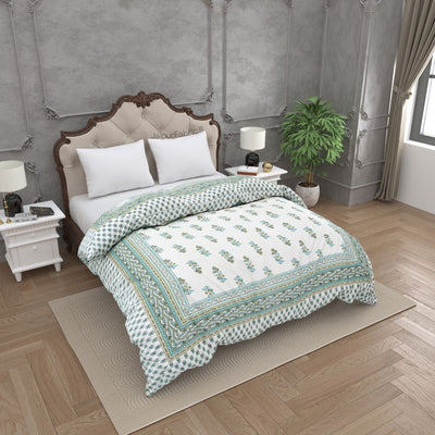 Lotus Vine Aqua Mint Combo of Pure Cotton Double Bedsheet and Double Bed Comforter