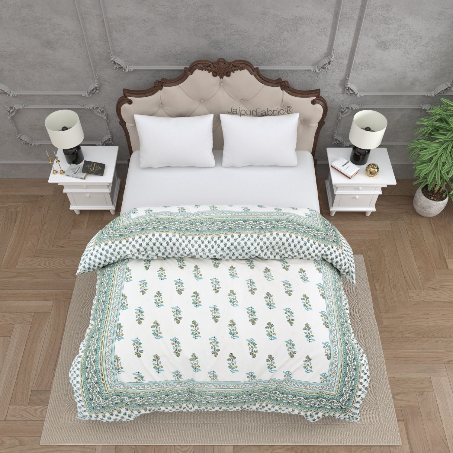 Lotus Vine Aqua Mint Combo of Pure Cotton Double Bedsheet and Double Bed Comforter