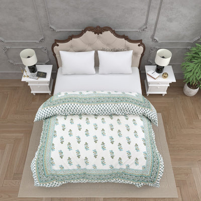 Lotus Vine Aqua Mint Combo of Pure Cotton Double Bedsheet and Double Bed Comforter