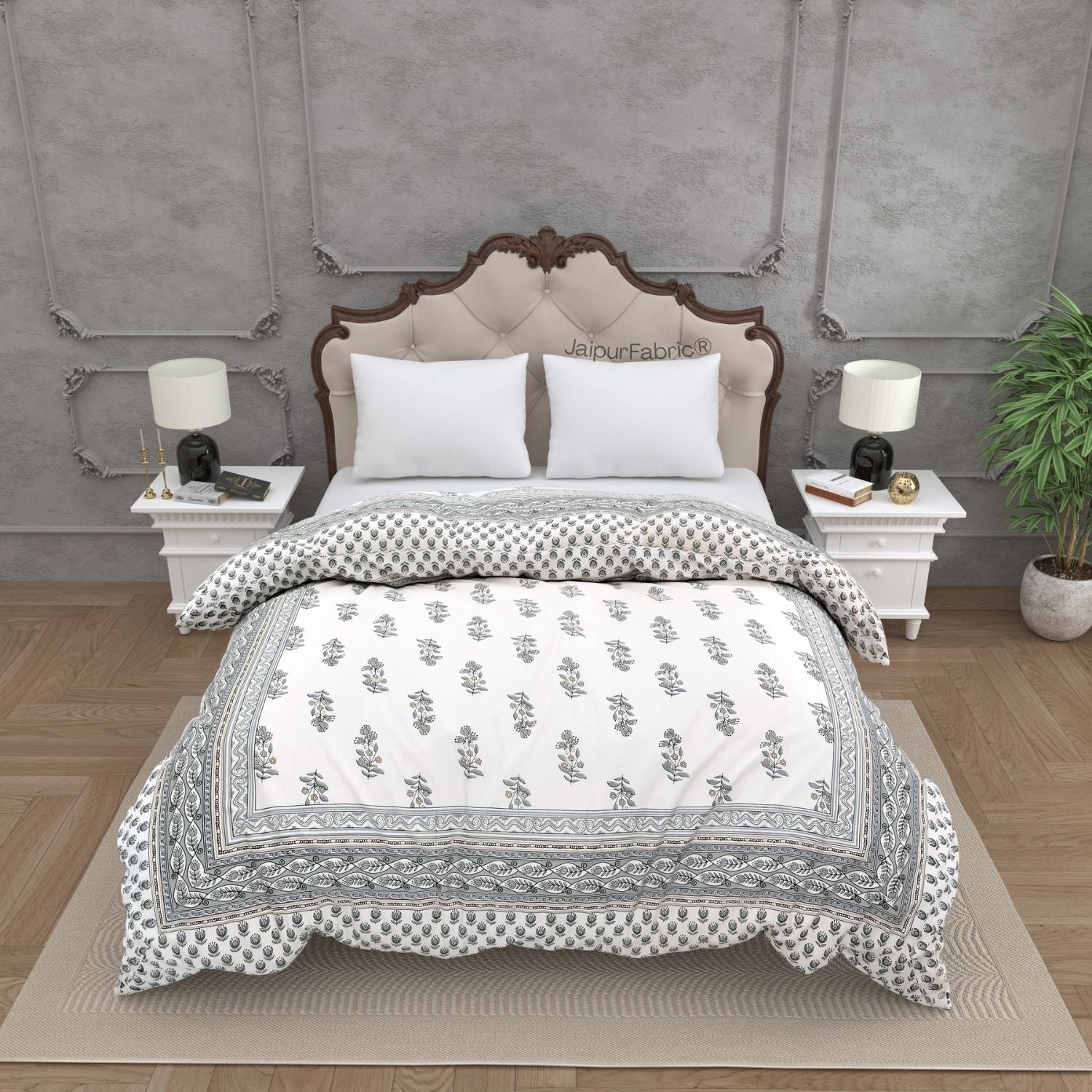 Lotus Vine Indigo White Combo of Pure Cotton Double Bedsheet and Double Bed Comforter