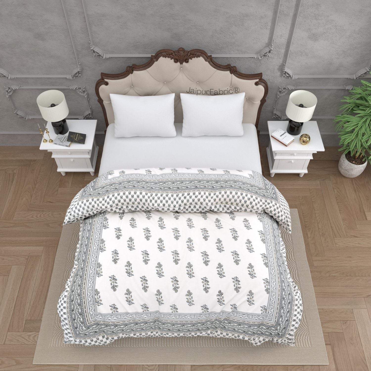 Sophisticated Grey & Black Small Motif Print Double Bed Reversible Quilt Comforter