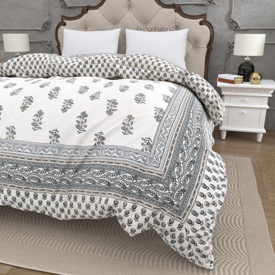 Lotus Vine Indigo White Combo of Pure Cotton Double Bedsheet and Double Bed Comforter