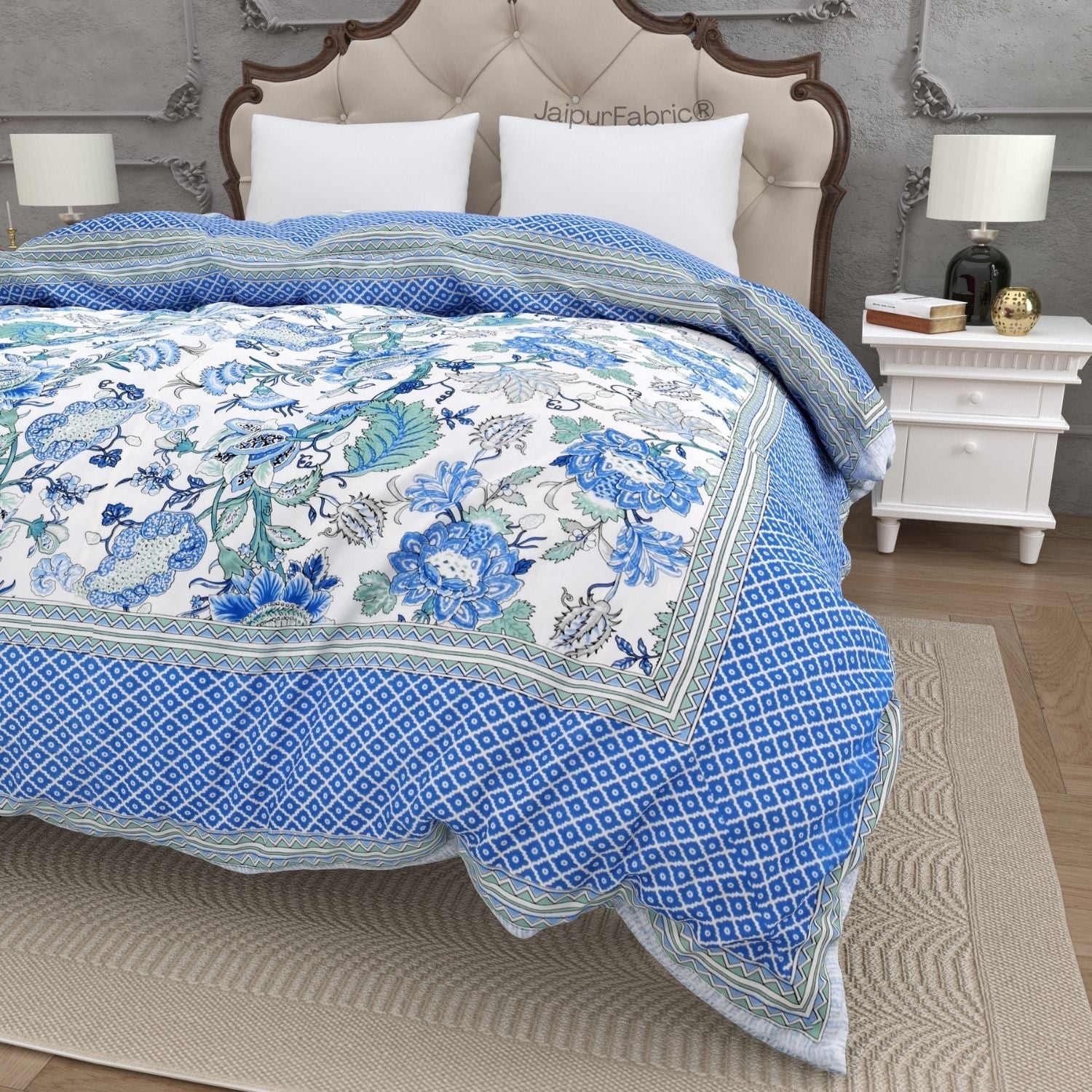 Classic Blue & White Floral with Lattice Border Double Bed Comforter