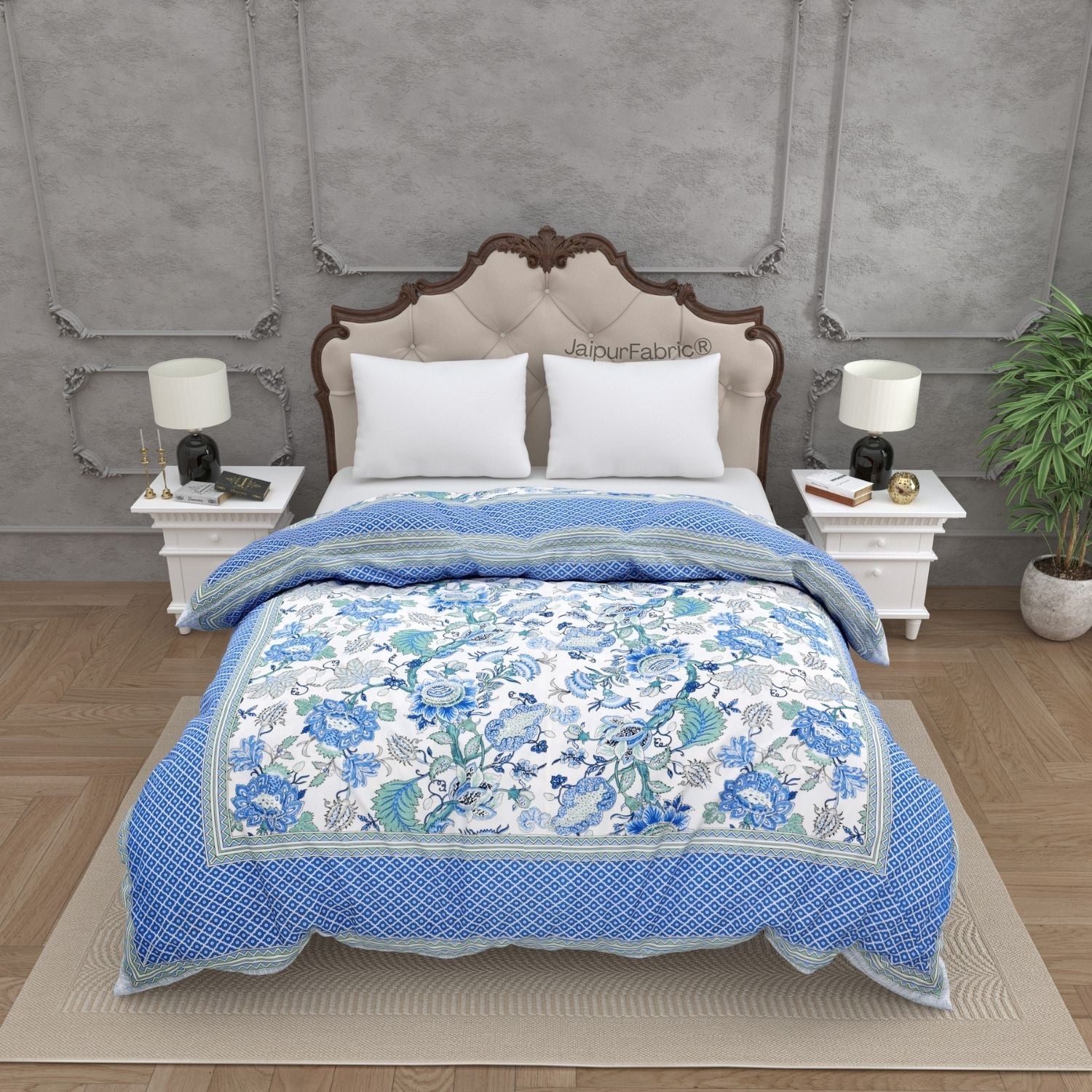 Classic Blue & White Floral with Lattice Border Double Bed Reversible Comforter