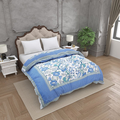 Botanica Blue Green Combo of Pure Cotton Double Bedsheet and Double Bed Comforter
