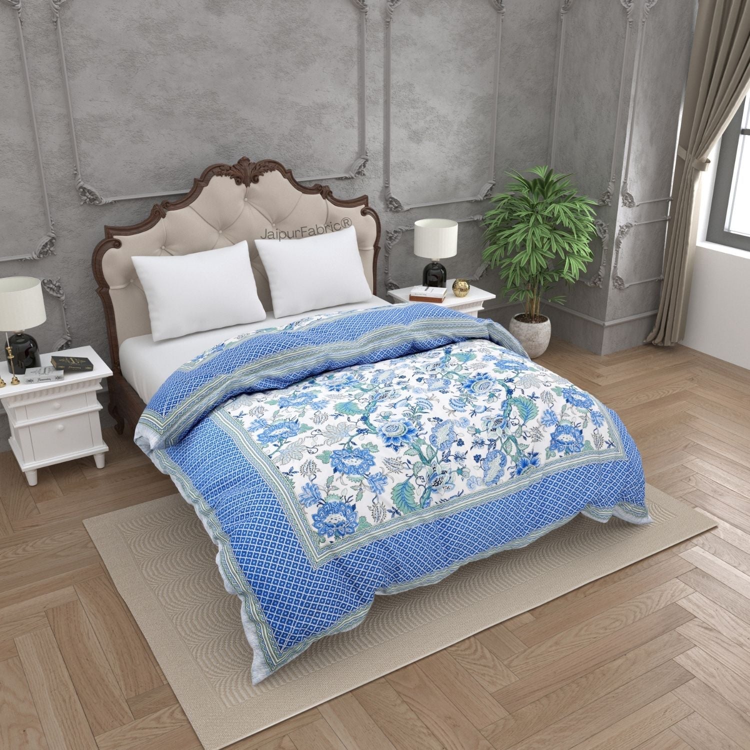Classic Blue & White Floral with Lattice Border Double Bed Reversible Comforter