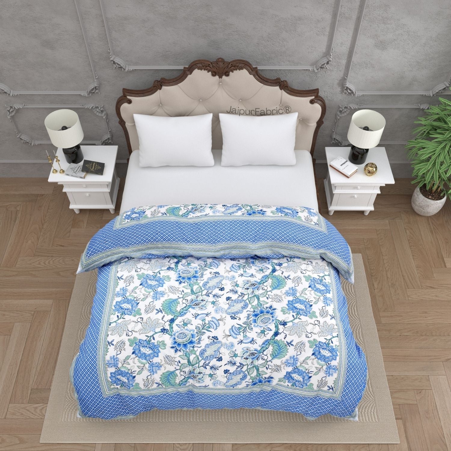 Classic Blue & White Floral with Lattice Border Double Bed Reversible Comforter