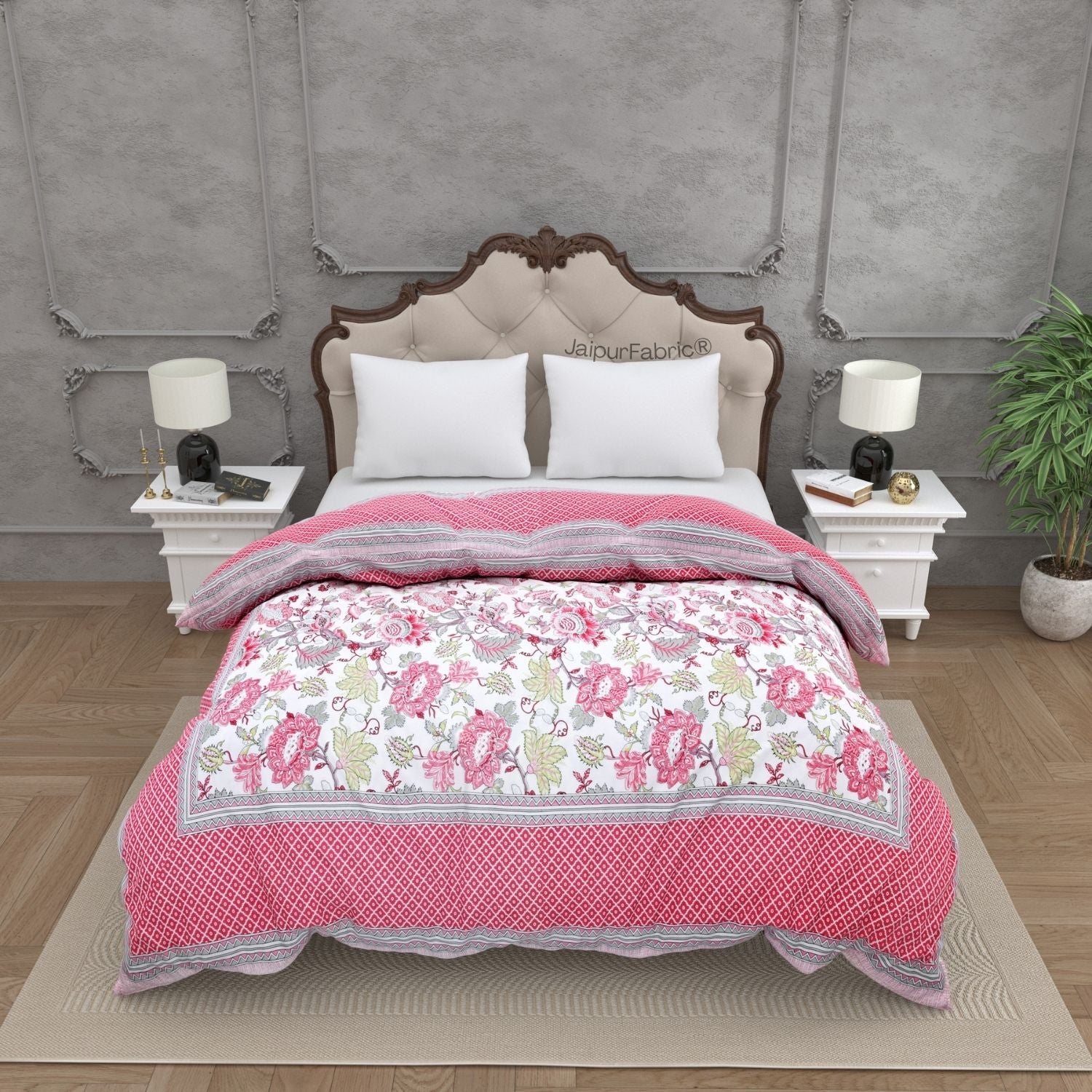 Vibrant Pink Floral Print with Geometric Border Double Bed Reversible Comforter