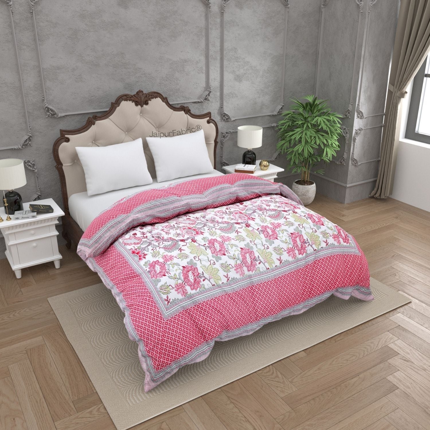 Vibrant Pink Floral Print with Geometric Border Double Bed Reversible Comforter